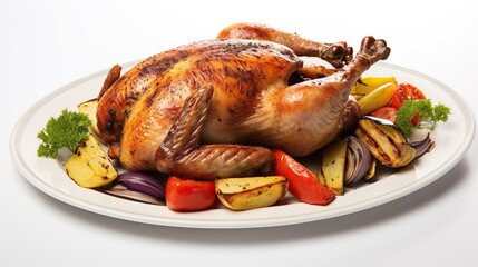 roasted chicken, grilled chicken,grilled chicken with vegetables on a plate on a white background
