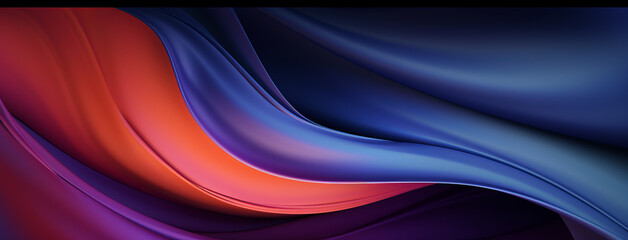 Colorful light waves and smooth abstract curves on a dark purple and light navy, luxurious fabric background. Windows wallpaper, banner.