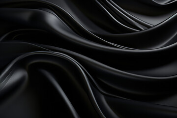 Black satin fabric with a smooth flowing texture. background. Silky textured, minimalist and abstract, dark grey. - obrazy, fototapety, plakaty