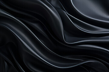 Black satin fabric with a smooth flowing texture. background. Silky textured, minimalist and abstract, dark grey.
