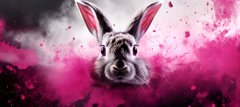 banner of rabbit with cosmetics powder. Cosmetics Animal Testing Concept
