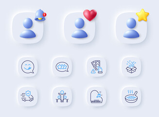 Yummy smile, Piano and Inclusion line icons. Placeholder with 3d bell, star, heart. Pack of Grill pan, Transport insurance, Gift icon. Stars, Bribe pictogram. For web app, printing. Vector