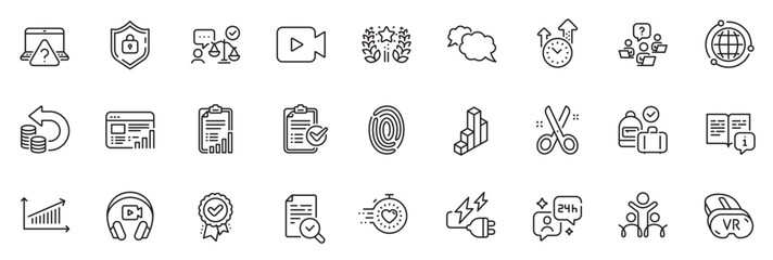 Fototapeta na wymiar Icons pack as Globe, Cut and Ranking line icons for app include Electricity plug, Time management, Timer outline thin icon web set. Messenger, Fingerprint, Web report pictogram. Vr. Vector