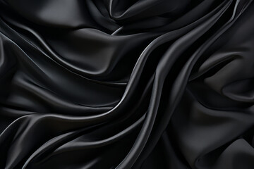 Black satin fabric with a smooth flowing texture. background. Silky textured, minimalist and abstract, dark grey.