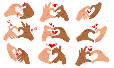 Set of hands with a heart sign, the designation I love you. Valentine's Day images, heart shapes with different hands. There are hearts of dark and light shades connected by hearts, threads, arrows