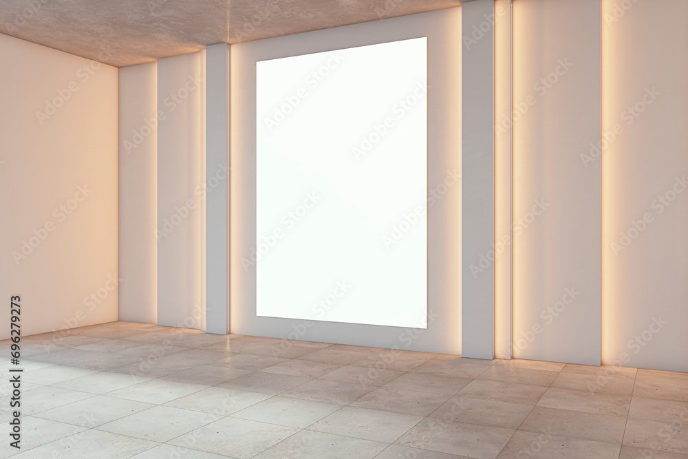 Poster Modern empty gallery room interior with white mock up frame on illuminated light wall. 3D Rendering.