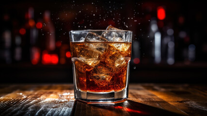 Whiskey with ice cubes on a wooden table in the bar