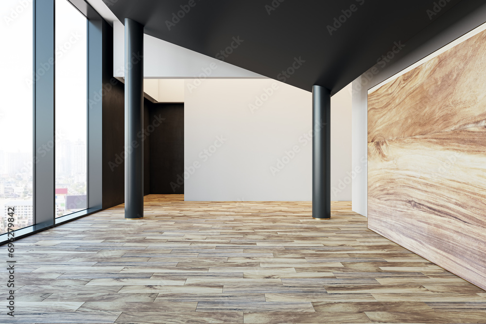 Poster bright hallway interior with window and city view, columns, blank mock up place and daylight. 3d ren