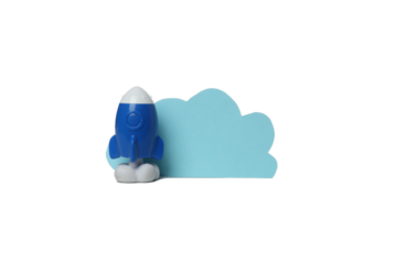 PNG, White paper cloud with a toy rocket, isolated on white background