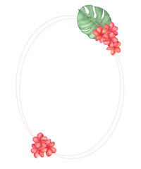 Watercolor hand painted oval frame in red color with tropical jungle flowers and leaves. Hand drawn illustration for wedding, anniversary, birthday, invitations.