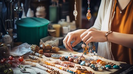 Hands selecting colorful jewelry from an artisan workshop table handcraft process