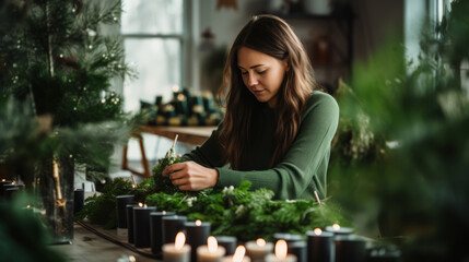 Women crafting a holiday wreath surrounded by candles independent woman side hustle