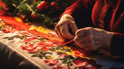 Elderly hands weaving colorful floral fabric showcasing traditional craftsmanship strong independent woman side hustle