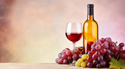Obraz premium copy space, stockphoto, National Wine Day greeting card, grapes fruit with a glass of wine and a bottle. Glass filles with wine, some grapes and a winebottle.