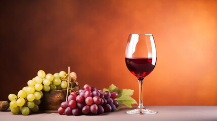 copy space, stockphoto, National Wine Day greeting card, grapes fruit with a glass of wine and a...