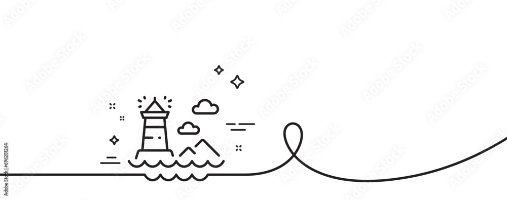 Poster lighthouse line icon. continuous one line with curl. beacon tower sign. searchlight building symbol.
