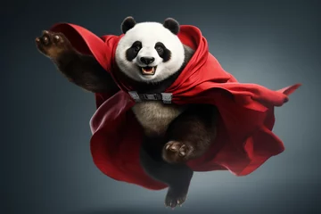 Schilderijen op glas Portrait of a superhero panda wearing a red cape, jumping like a superhero  © Salawati