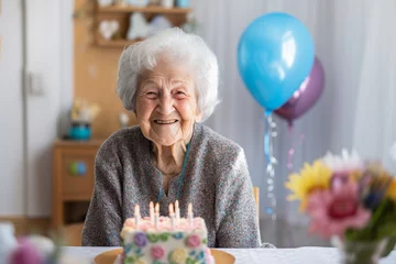 Foto op Canvas Very old woman, grandma with grey hair celebrating birthday with a cake and balloons at home. © eshana_blue