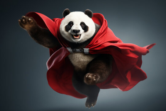 Portrait of a superhero panda wearing a red cape, jumping like a superhero 