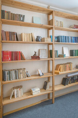 books in a library. retro book in the house. knowledge study university bookstore. room furniture interior with book. bookcase and decor office and home. decorative text book and brown wooden table 