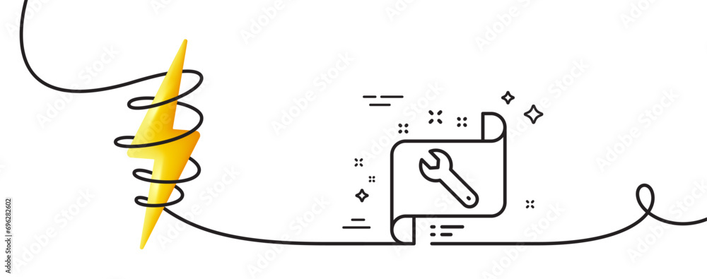 Poster spanner tool line icon. continuous one line with curl. repair service blueprint sign. fix instrument