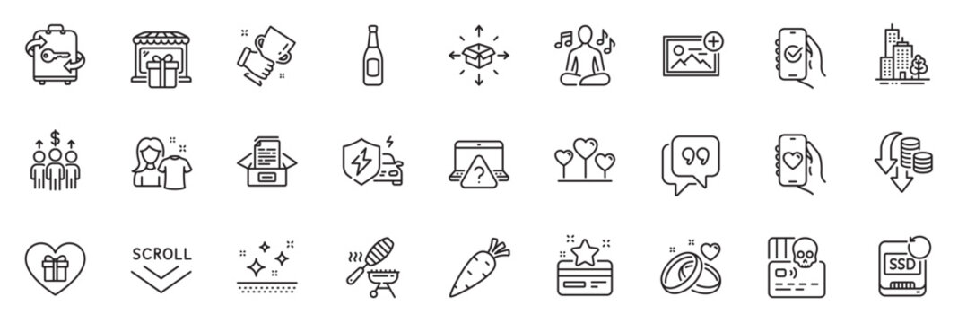 Icons pack as Fish grill, Yoga music and Loyalty card line icons for app include Skyscraper buildings, Dating app, Winner cup outline thin icon web set. Scroll down, Marriage rings. Vector