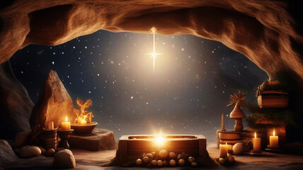 Christian Christmas scene with empty wooden manger, star of Bethlehem in cave. Birth of Jesus...