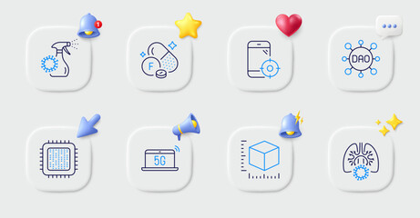 5g notebook, Seo phone and Coronavirus lungs line icons. Buttons with 3d bell, chat speech, cursor. Pack of Fluorine mineral, Dao, Cpu processor icon. Package size, Coronavirus spray pictogram. Vector