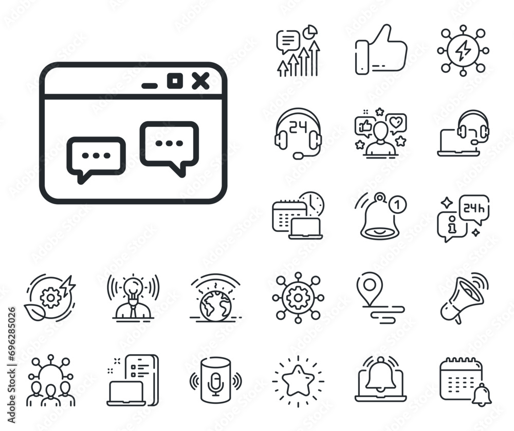 Aufkleber chat speech bubbles sign. place location, technology and smart speaker outline icons. browser window