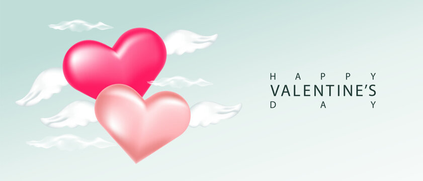 Background for Valentine's Day. An illustration with flying 3d hearts with wings. Happy Valentine's Day. Vector illustration.