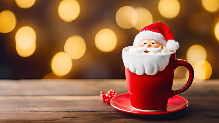 Obraz na płótnie Canvas Christmas coffee cup with milk foam Santa Claus. Christmas latte art. Cozy atmosphere. Holiday background with copy space. Christmas and New Year cappuccino coffee.