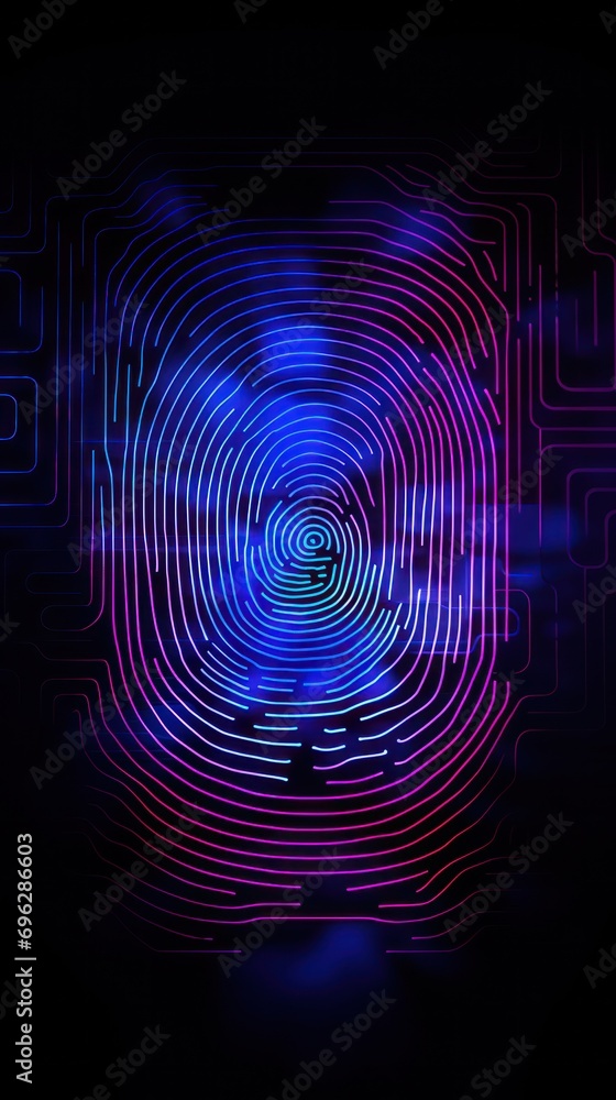 Poster Cyber fingerprint concept with neon lines, secure digital identity verification i world