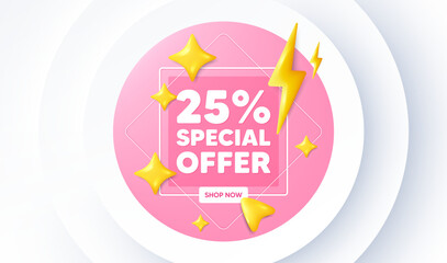 25 percent discount offer tag. Neumorphic promotion banner. Sale price promo sign. Special offer symbol. Discount message. 3d stars with energy thunderbolt. Vector