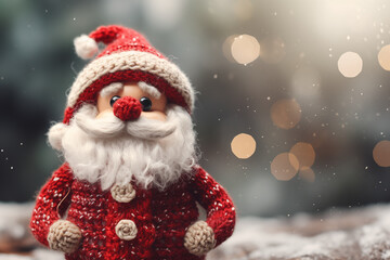 Cute knitted Santa Claus. Christmas Background. with copy space
