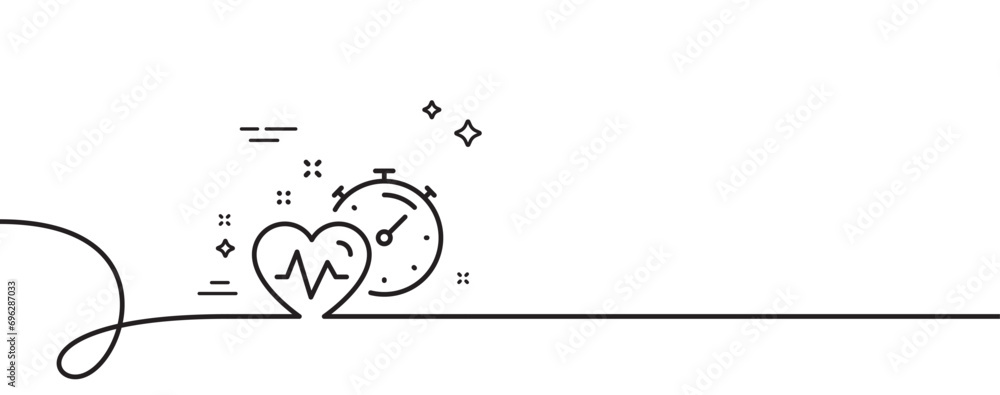Poster cardio training timer line icon. continuous one line with curl. fat burning time sign. gym fit heart