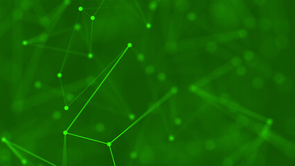 Abstract green geometric background of lines and dots plexus close-up. 3d rendering