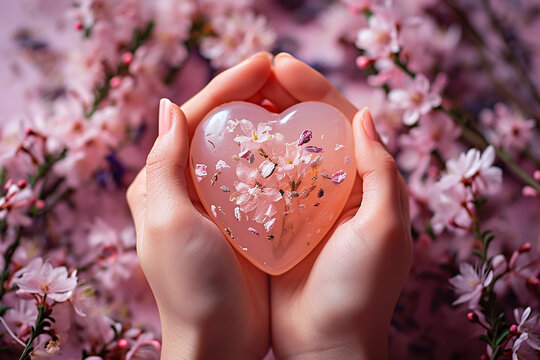 Hands holding heart formed pink soap feeld with flowers, pink flowers on the background