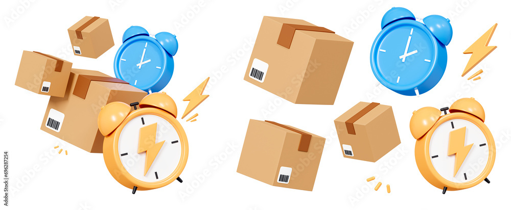 Aufkleber 3d fast delivery concept. cardboard boxes with alarm clock. express shipping service. quick move. fl