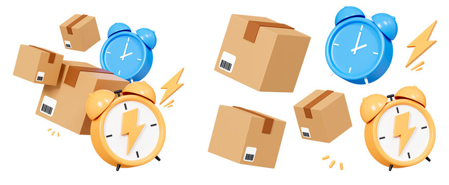 3D Fast delivery concept. Cardboard boxes with alarm clock. Express shipping service. Quick move. Floating parcel boxes. Cartoon creative design icons isolated on background. 3D Rendering