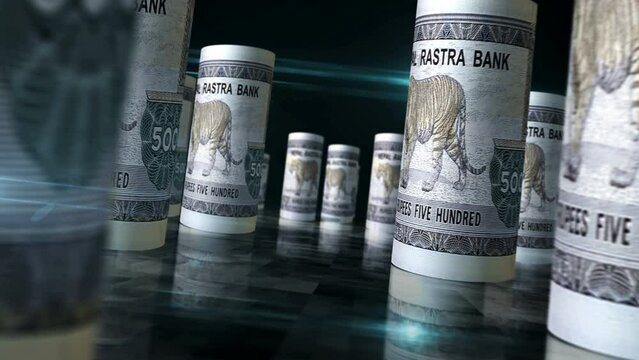 Nepal money Nepali rupees rolls loop 3d. Money on table. Seamless and loopable abstract concept of economy, finance and business. Camera between 500 NPR rolled banknotes.