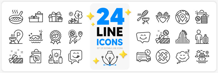 Icons set of Fish grill, Delivery and Grill place line icons pack for app with Sleep, Smile chat, Roller coaster thin outline icon. Baggage, Hold heart, Holiday presents pictogram. Vector