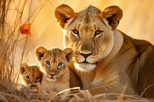Fiery Lioness her cubs sunset. Baby cat. Generate Ai