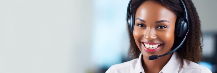 Panoramic view of a cheerful african american female call center agent, bright office ambiance