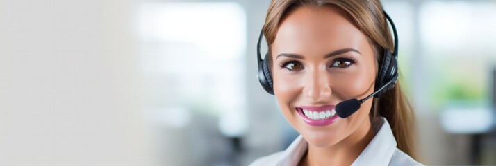 Confident female call center agent with a bright smile, office environment, wide-angle view