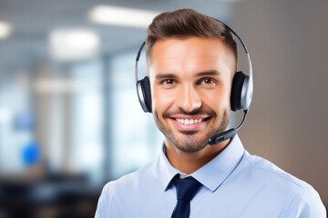 Friendly male customer service representative with headset, smart casual attire, office backdrop