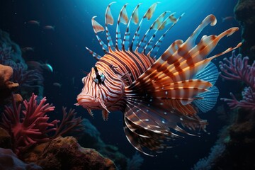 Fototapeta na wymiar Striped Ocean lionfish. Marine coral tropical. Generate Ai
