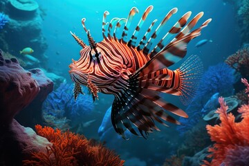 Naklejka na ściany i meble Graceful Ocean lionfish. Marine coral tropical. Generate Ai