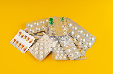 Pill Blister on Color Background, Silver Medicine Capsule Package, Drugs Packaging, Pill Pack