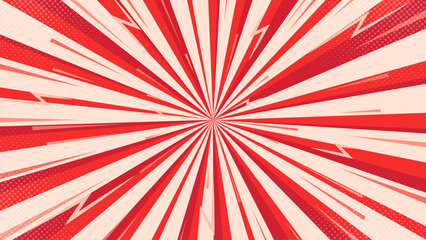 Red and white comics style background. Pop art retro vector background. Focus lines background. Comic style background with lightning and halftone effect.