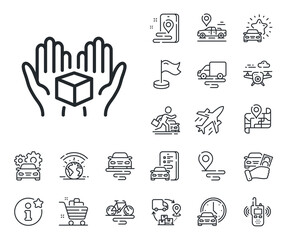 Delivery parcel sign. Plane, supply chain and place location outline icons. Hold open box line icon. Cargo package symbol. Hold box line sign. Taxi transport, rent a bike icon. Travel map. Vector